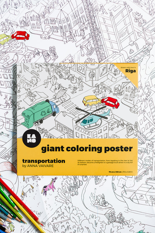 XXL coloring poster Transportation by Anna Vaivare, ISBN:9789934899355, view of packaging on a coloring page where are crayons