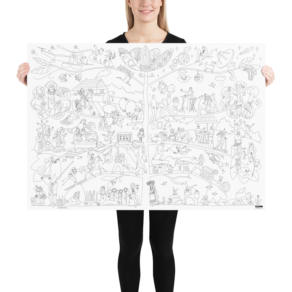 XXL Ukrainian culture coloring poster, ISBN 9789934899331, sustainable, plastic free, responsible, poster held in someone's hands