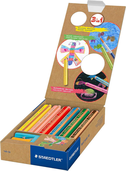 Large 3-in-1 Colouring Pencil 6 colours + sharpener, staedtler 140, upcycled wood, open box with pencils and sharpener