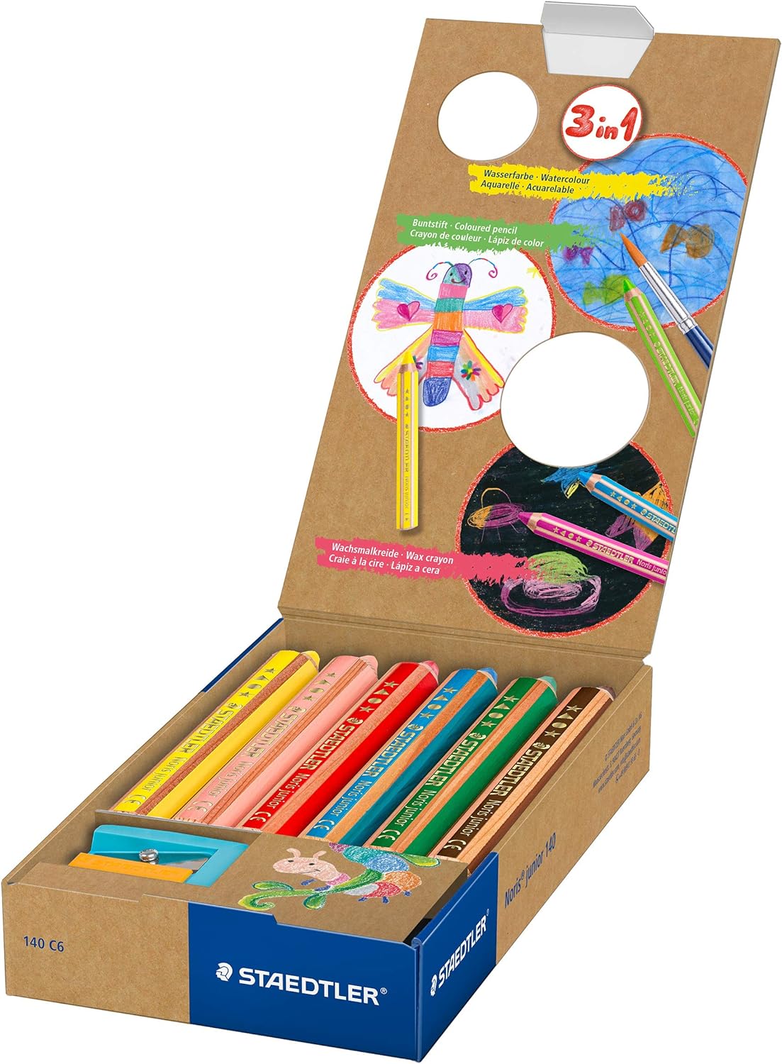 Large 3-in-1 Colouring Pencil 6 colours + sharpener, staedtler 140, upcycled wood, open box with pencils and sharpener