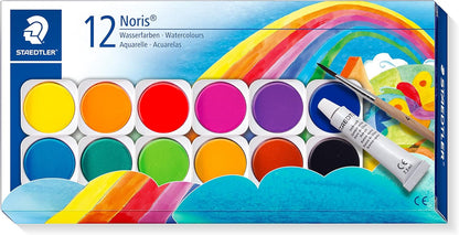 Watercolour Paints - 12 Assorted Colours + brush, staedtler 888,  closed box in packaging front view