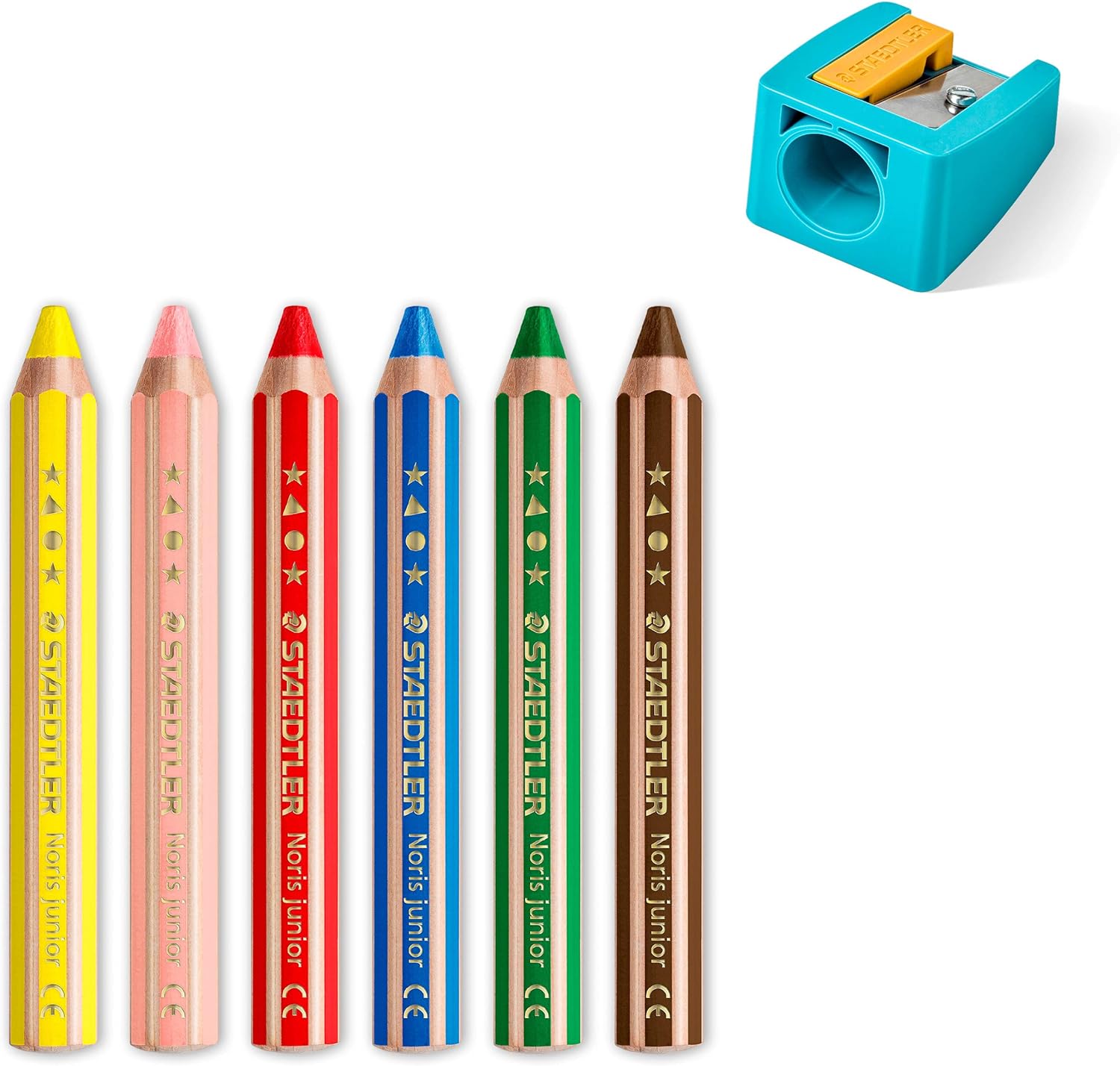 Large 3-in-1 Colouring Pencil 6 colours + sharpener, staedtler 140, upcycled wood, product on white background