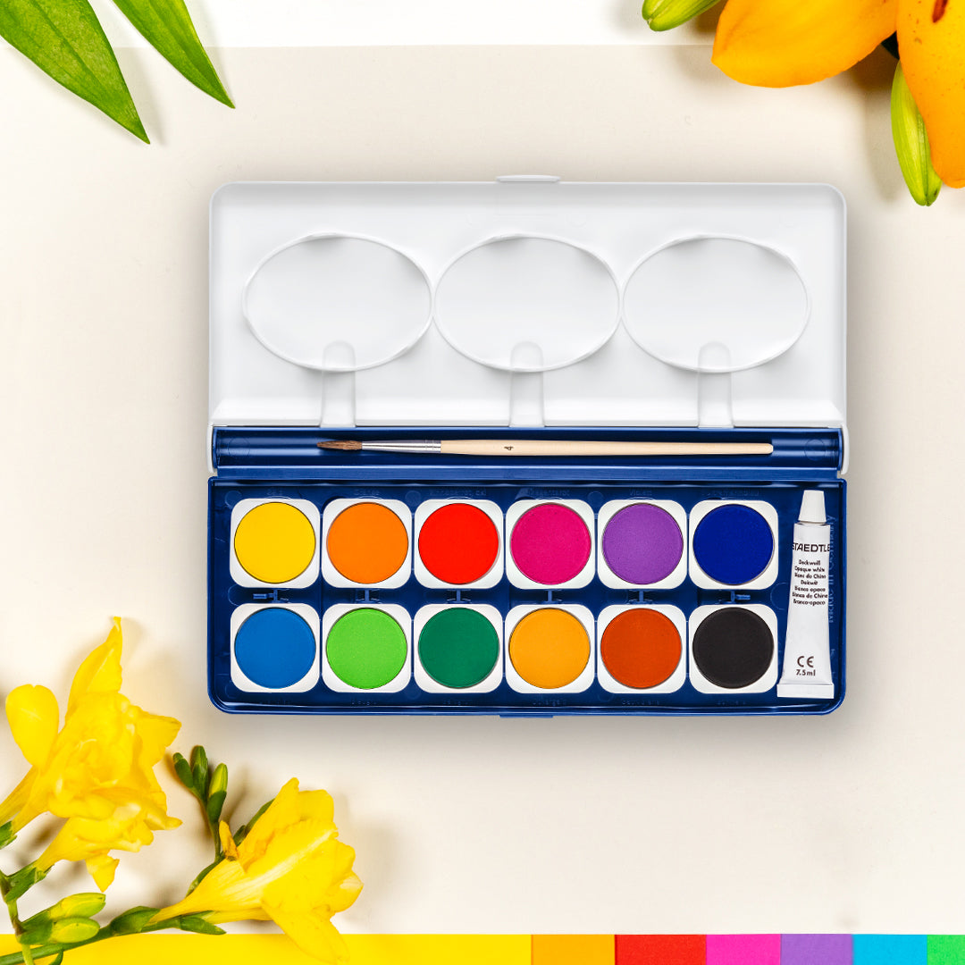 Watercolour Paints - 12 Assorted Colours + brush, staedtler 888, open box with paint