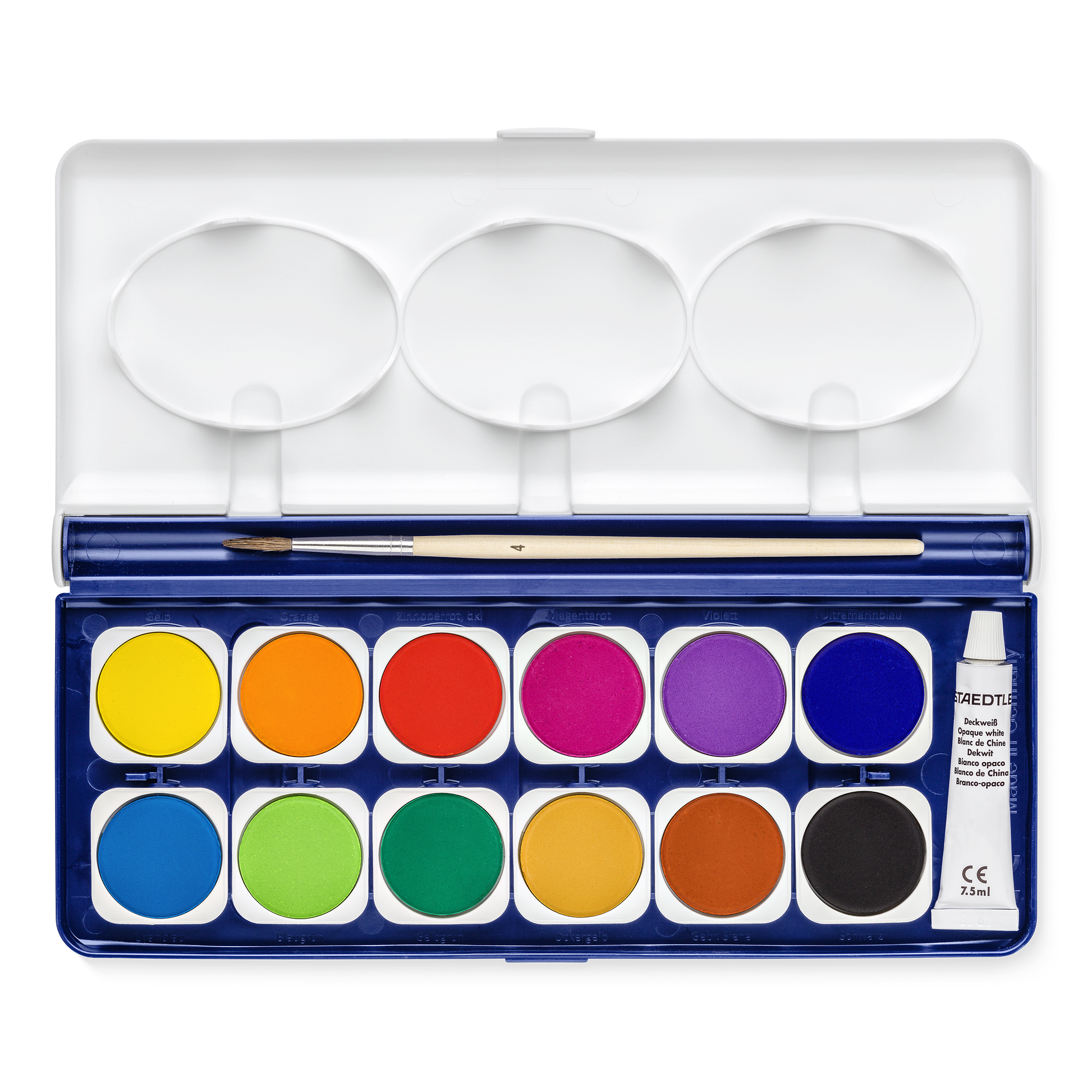 Watercolour Paints - 12 Assorted Colours + brush, staedtler 888,  open paint box on white background