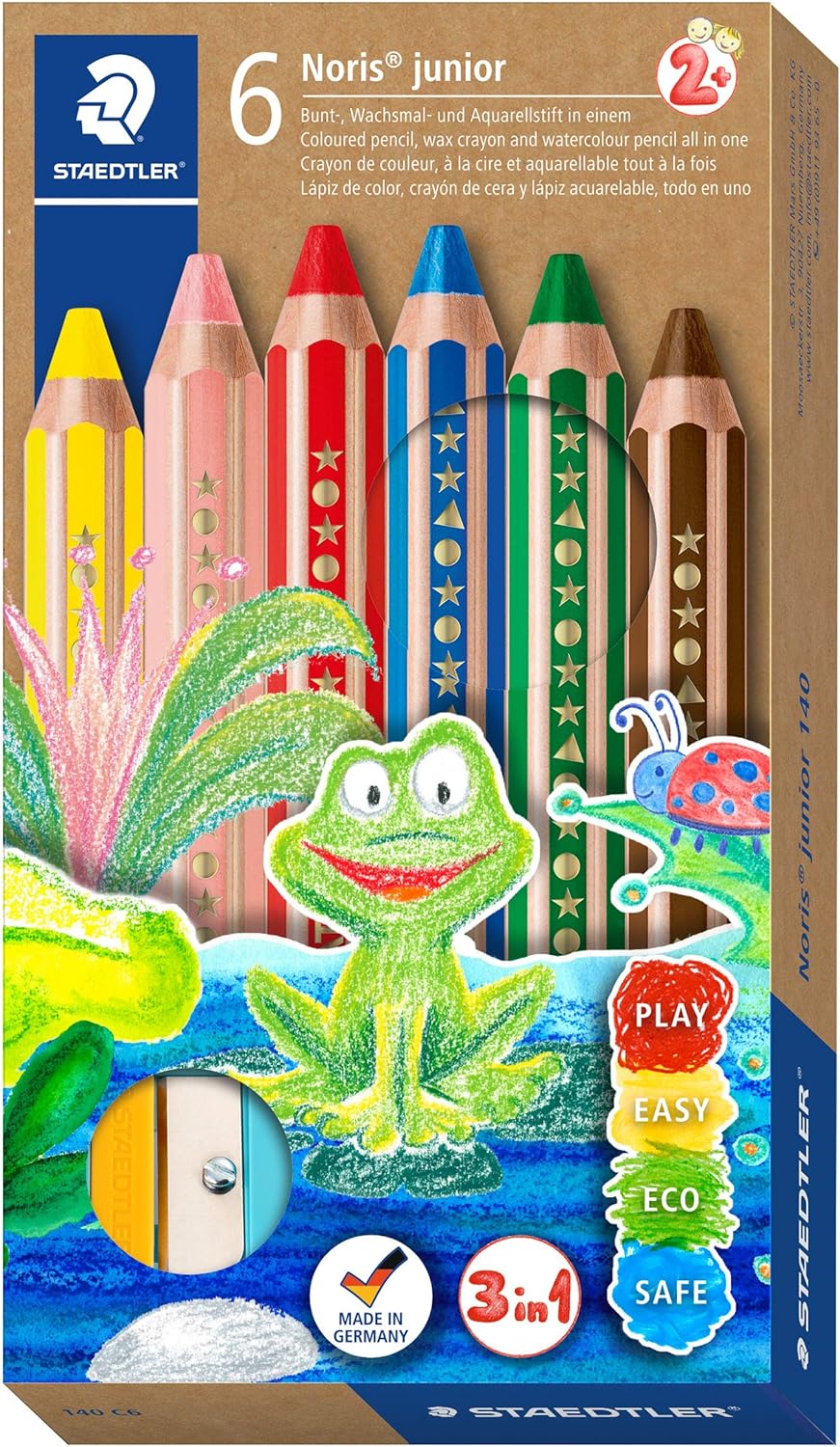 Large 3-in-1 Colouring Pencil 6 colours + sharpener, staedtler 140, upcycled wood, box front top view