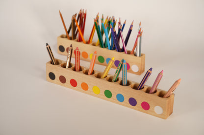 Large montessori pencil holder, with staedtler noris pencils for small kids, side angled view with depth blurr