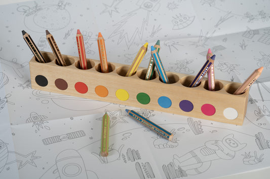 Large montessori pencil holder, with staedtler noris pencils for small kids, on top of giant coloring poster