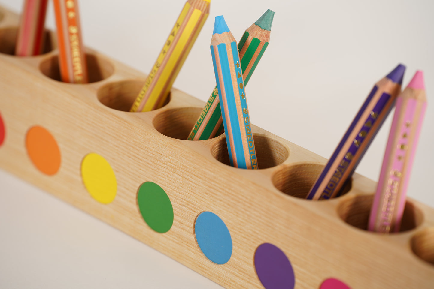 Large montessori pencil holder, with staedtler noris pencils for small kids, close-up view