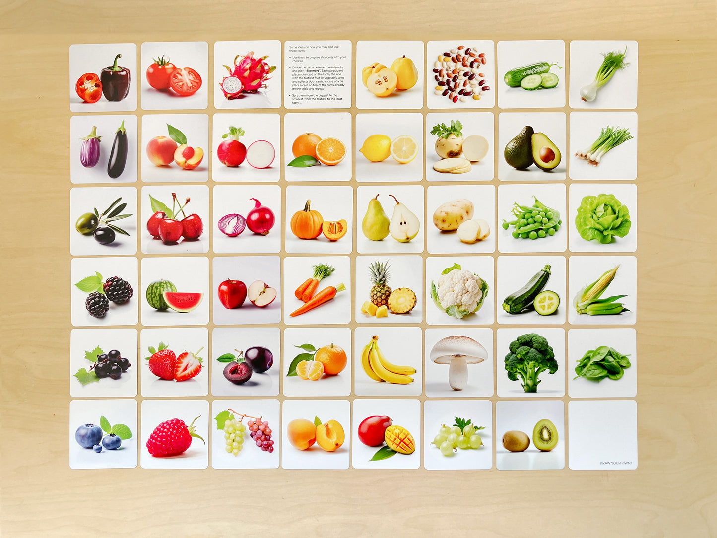 Montessori Fruits and vegetables cards top view of all of them.