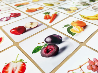 Montessori fruits and vegetables flashcards, close-up view