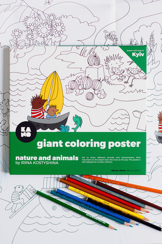XXL Nature and animals coloring poster by Irina Kostyshina, ISBN 9789934899324, view of poster box on top of coloring poster with caran d'ache pencils