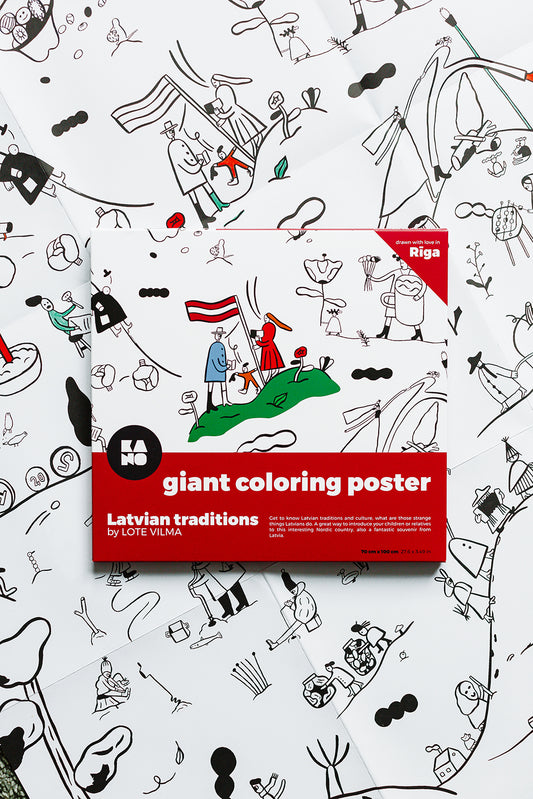 XXL giant coloring poster Latvian traditions, isbn 978-9934-8993-1-7, top view of packaging on top of the coloring poster