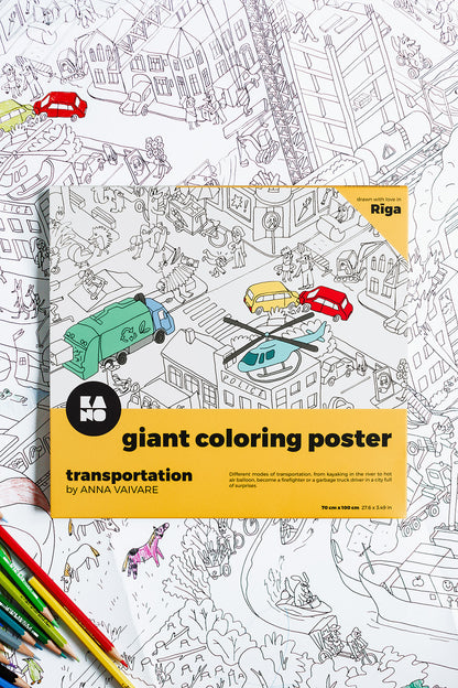 XXL coloring poster Transportation by Anna Vaivare, ISBN:9789934899355, view of packaging on a coloring page where are crayons