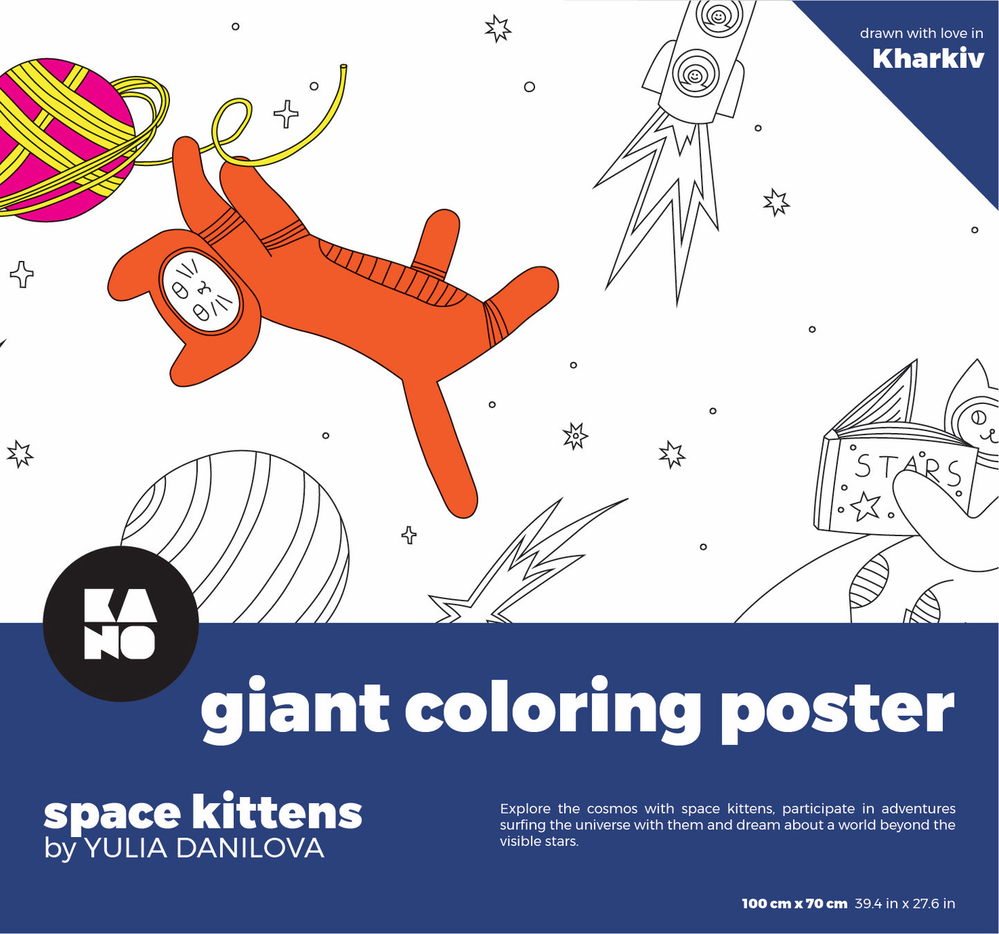 XXL Space kittens coloring poster, ISBN 9789934899348, sustainable, plastic free, responsible, view from box front 